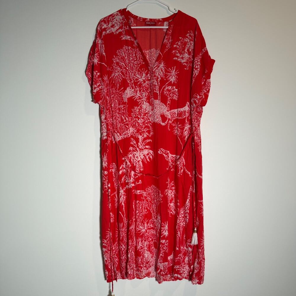 Ruby Yaya Beach Cover Up Summer Dress Women's Size Large Red/White Belted V-Neck